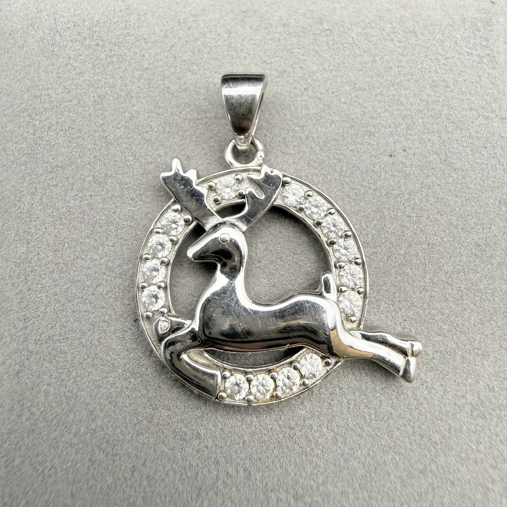 Vintage 925 Sterling Silver Reindeer Deer Pendant CZ Rhinestone Christmas 3.92g